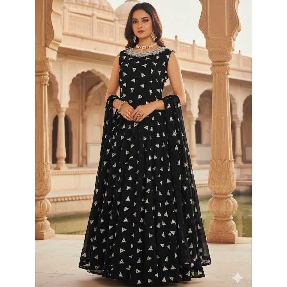 #Model-66 Navy Velvet Long Gown/Kurti & Shawl Set