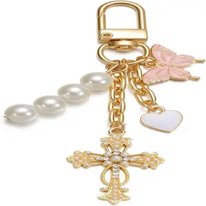 Sparkling Rhinestone Cross Heart & Butterfly Keychain - Crystal Bag Charm Accessories - Luxury Car Key Ring & Purse Pendant for Women Gift