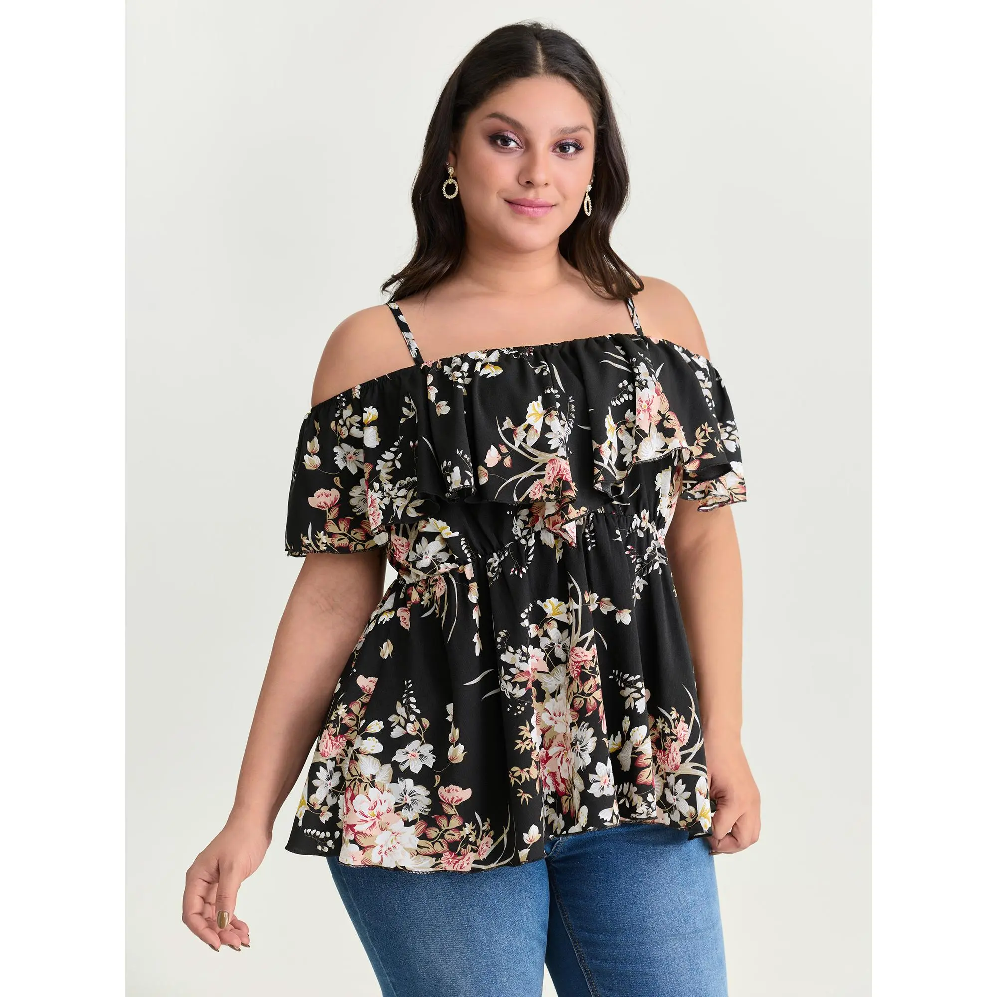 BloomChic Women's Plus Size Bohemian Floral Polyester Fabric Blouse - Romantic Cold-Shoulder Cute Top for Women with Ruffle Short Sleeves, Curvy Clothing Shirts, Summer Wear,back to school,back to school shopping, Plussize