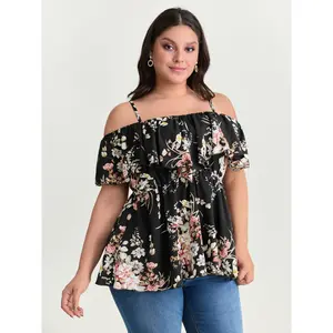 BloomChic Women's Plus Size Polyester Tops - Large Floral Print Cold-Shoulder Short-Sleeve Shirts, Smooth Fabric, M-6X Fit, 2026 Summer Mother's Day Pick