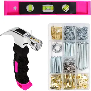 Picture Hanging Kit, 315pcs Hanging Hardware with Hooks, Wire, Nails, D Ring, Wall Hanging Kit with Hangers, Magnetic Level and Small Pink Claw Hammer, nails for hanging pictures for Home Decor