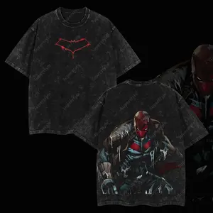 Superstyle Red Hood "Jason Todd" Robin Of The Dark Knight Hero verse Edition Double Printed Oversize Lightweight Acid Washed Tee TV Series Graphic Design Top Cotton Streetwear Comic Superheroes T-Shirt Clothes Menswear Womenswear Black Crewneck IYR 0Q3