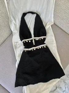 Women's Short Dress, Halter Neck, Cut Out, Shell Trim Design, Perfect for Vacation, Travel, Beach Wear, Summer Fashion, Slim Fit