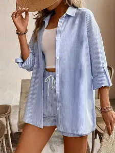 The new spring/summer striped two-piece set includes a casual long-sleeved shirt (with buttoned front) and a stretchy pair of shorts. It is comfortable and casual. Striped Sets