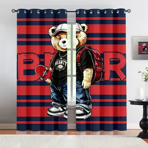 Handsome teddy bear pattern, 2-piece curtain set, suitable for living room, balcony, and bedroom windows, perfect for home, seasonal, holiday room decoration
