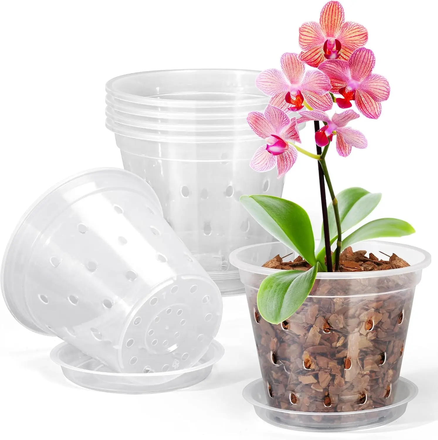 Orchid Pot, 6 Pack 4 Inch Clear Orchid Pots with Holes and Saucers for Repotting, Breathable Slotted Plastic Orchid Planters with Drainage for Root  Indoor Outdoor (4 Inch)
