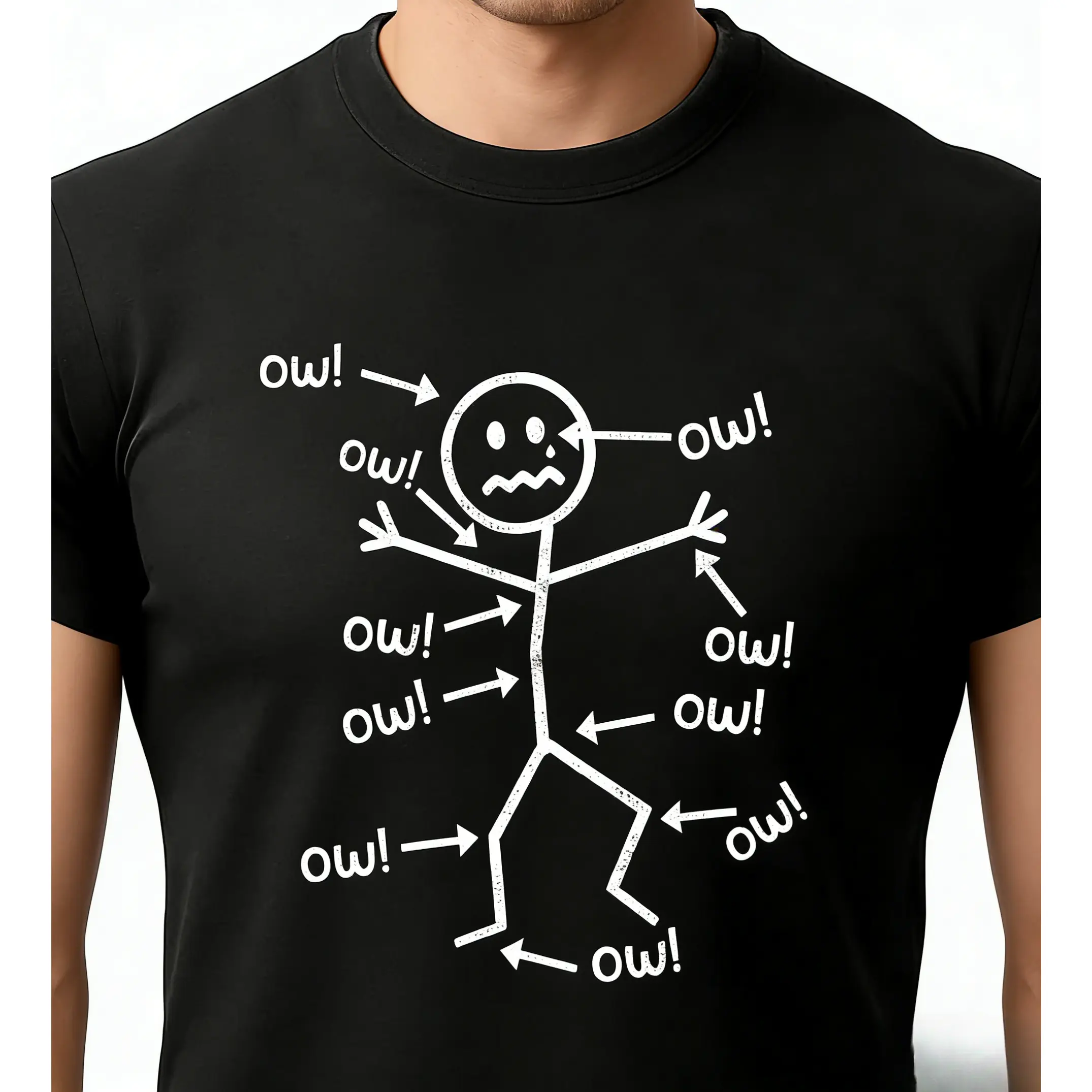 Stick Figure Ow Pain Humor T-Shirt, Unisex Sarcastic Graphic Tee, Sarcastic Novelty Short Sleeve Apparel for Men and Women, Aesthetic Sassy Minimalism Fashion Top, Viral Trendy Stickman Streetwear Shirt