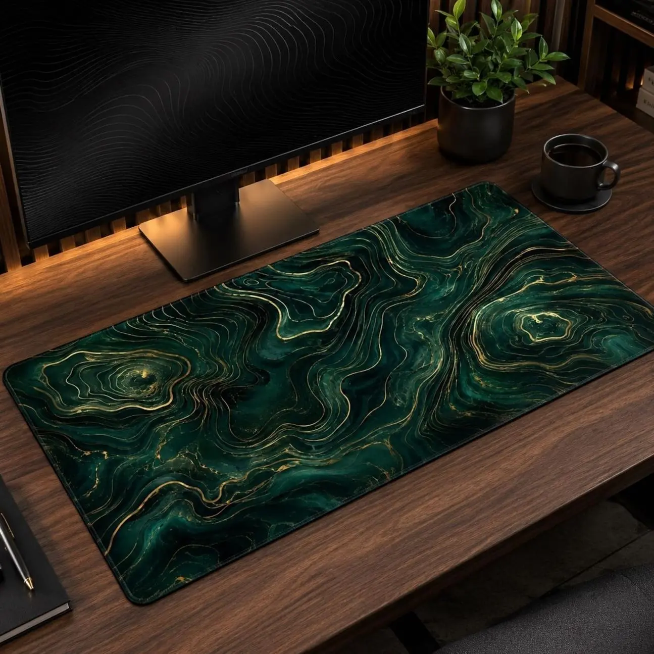 Emerald Green Marble Desk Mat, Gold Contour Gaming Mouse Pad, Luxury Large Mousepad, Dark Green Office DeskPad, Non Slip Stitched DeskMat