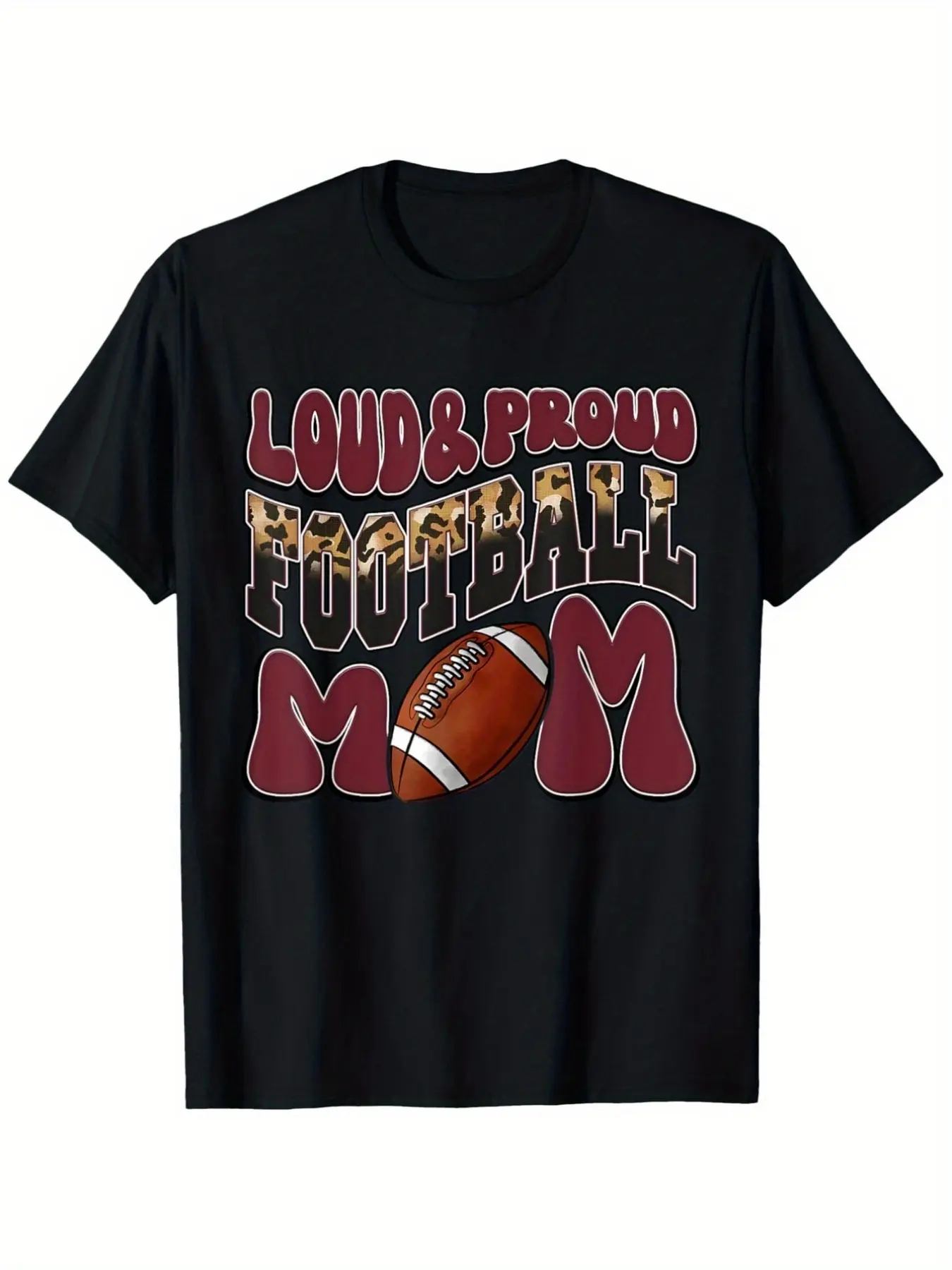 Loud And Proud Football Mom Maroon And Leopard Pri unisex soft cotton short sleeve t shirt, vintage graphic casual tee for men women teens, perfect birthday holiday gift for camping travel gym daily street  wear