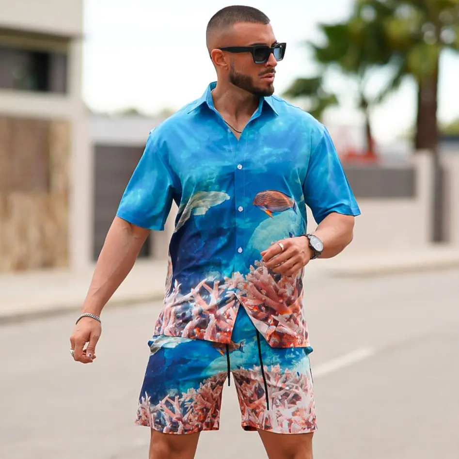 Men's Ocean Coral Fish Print Short Sleeve Button Down Shirt and Drawstring Shorts 2 Piece Outfit Set, Lightweight Casual Summer Vacation Tracksuit