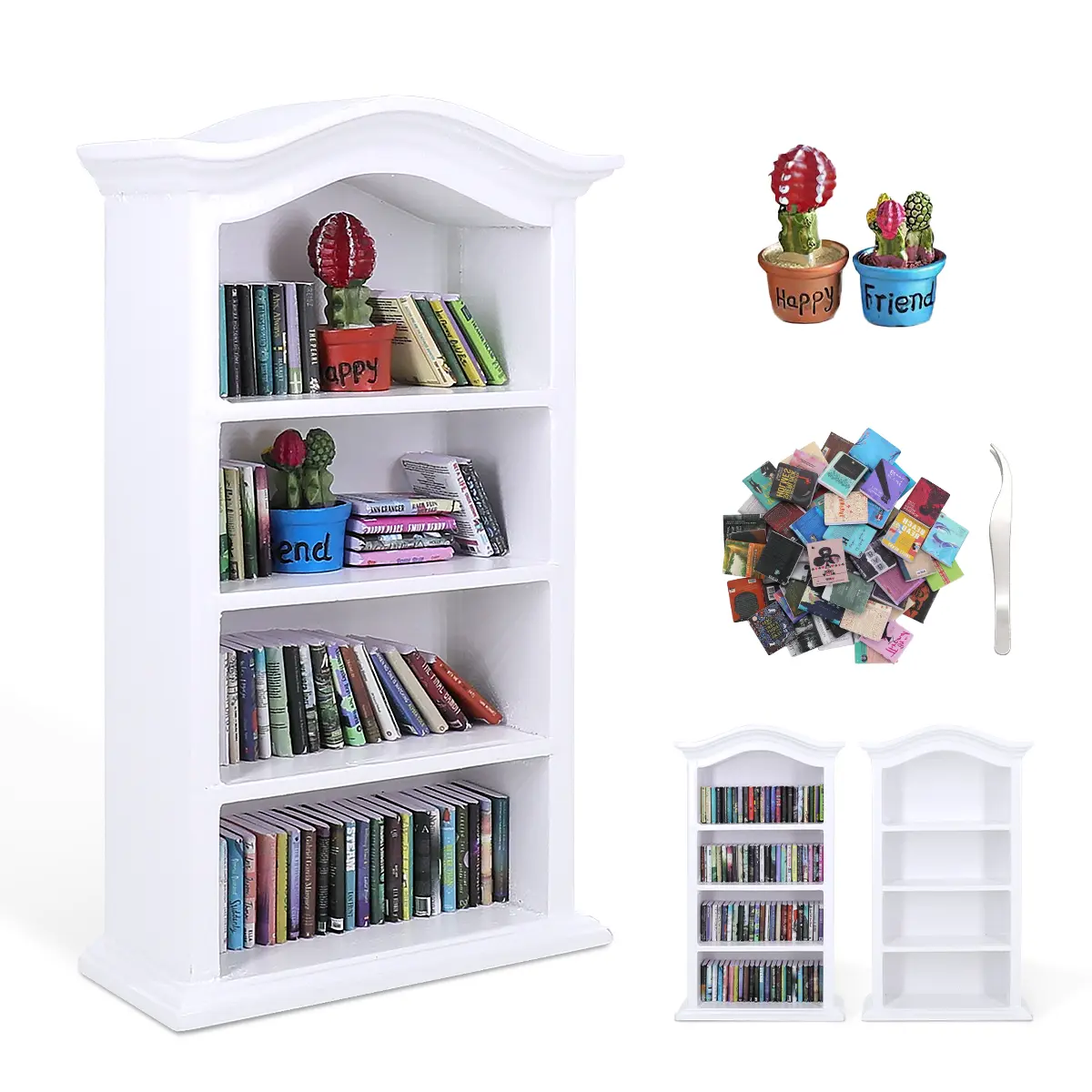 Handcrafted Miniature Craft Kit - Classic Mini Wooden 4-Tier Bookshelf Set with Mini Books, 2 Succulent Plants, White American-Inspired Desk Decor for Book Lovers, Home Office Desk Stress Reset, Mindful Craft Holiday Gift