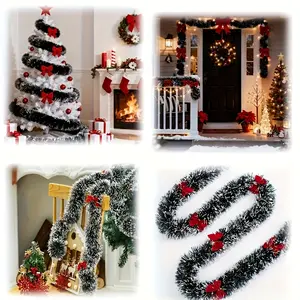78.47 Inch - 2pcs Set with Red Bow, Garland Ribbon, Dark Green and White Snowflake Christmas Garland Decoration, No Light Artificial Wreath, Suitable for Outdoor or Indoor
