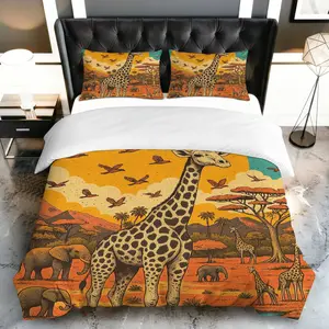 3PCS Duvet Cover Set, Decorative Duvet Cover, 1 Duvet+2 Pillowcases(Without filler), African Safari Animal Nature Wildlife Giraffe Elephant theme, Earth Day bedding set, for decoration Bedroom Living Room Hotel