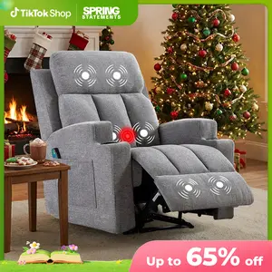 [SpringStatements] Ebello 33.5" Wide Breathable Fabric Massage and Heating Manual Recliner Chair with 2 Cup Holders, Grey