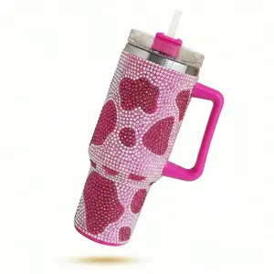 40oz Cow Print Rhinestone Stainless Steel Tumbler - Double Wall Vacuum Insulated Cup, Lightweight Reusable, With Handle & Straw Lid, Large Capacity Water Bottle, Coffee Mug, Back To School Gift, US Local Warehouse (Car Interior Stowing Accessory)