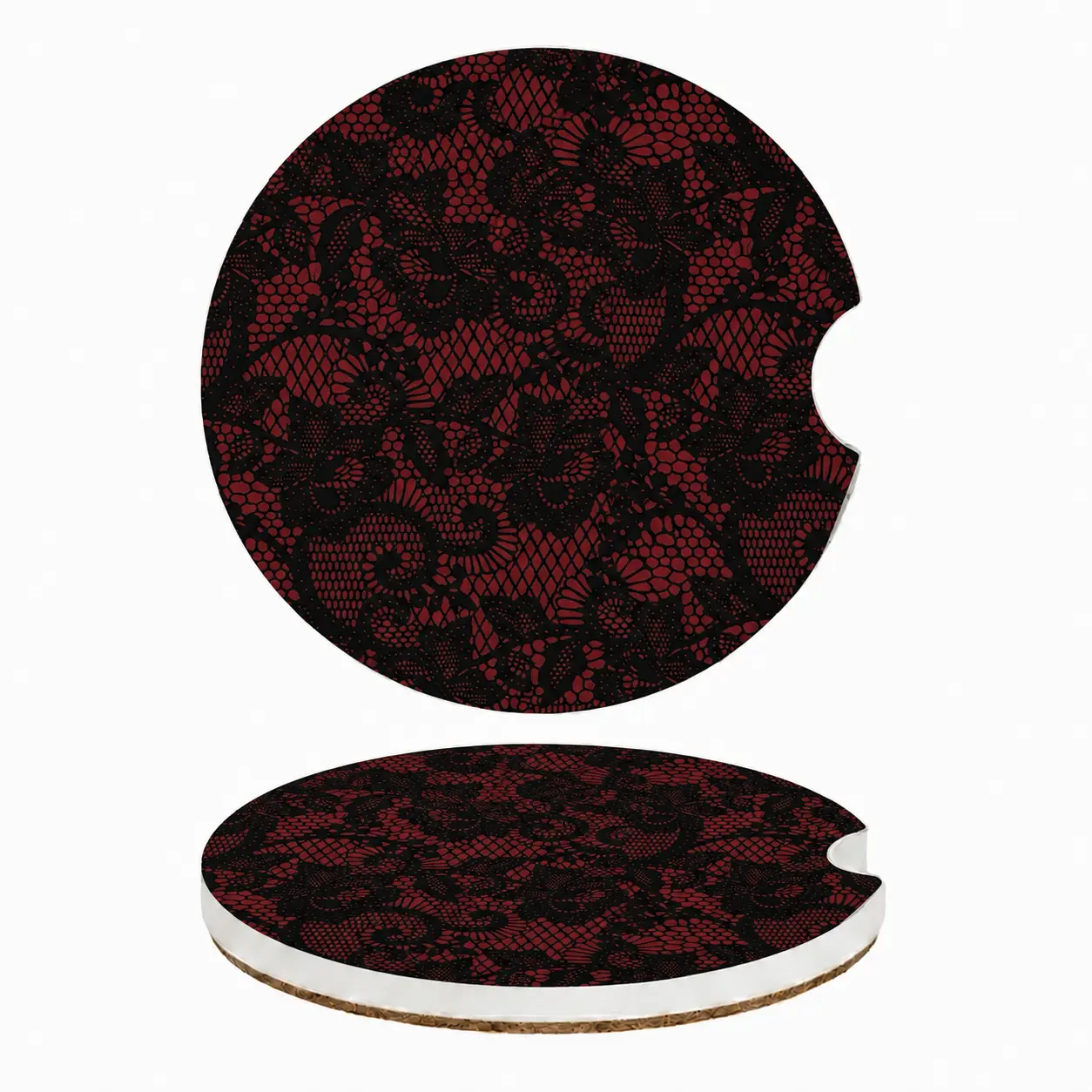 Soapstone Car Coaster Set of 2, Black and Burgundy Lace Absorbent Car Cup Holder Coasters, Ceramic Auto Coasters with Cork Base, Elegant Universal Car Accessories