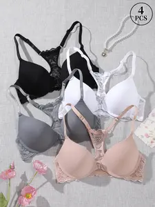 4PCS Women’s Front-closure Lace Backless Push Up Bra Set, Adjustable Straps, Comfortable Breathable Polyamide Fabric, Everyday & Occasions Summervibes