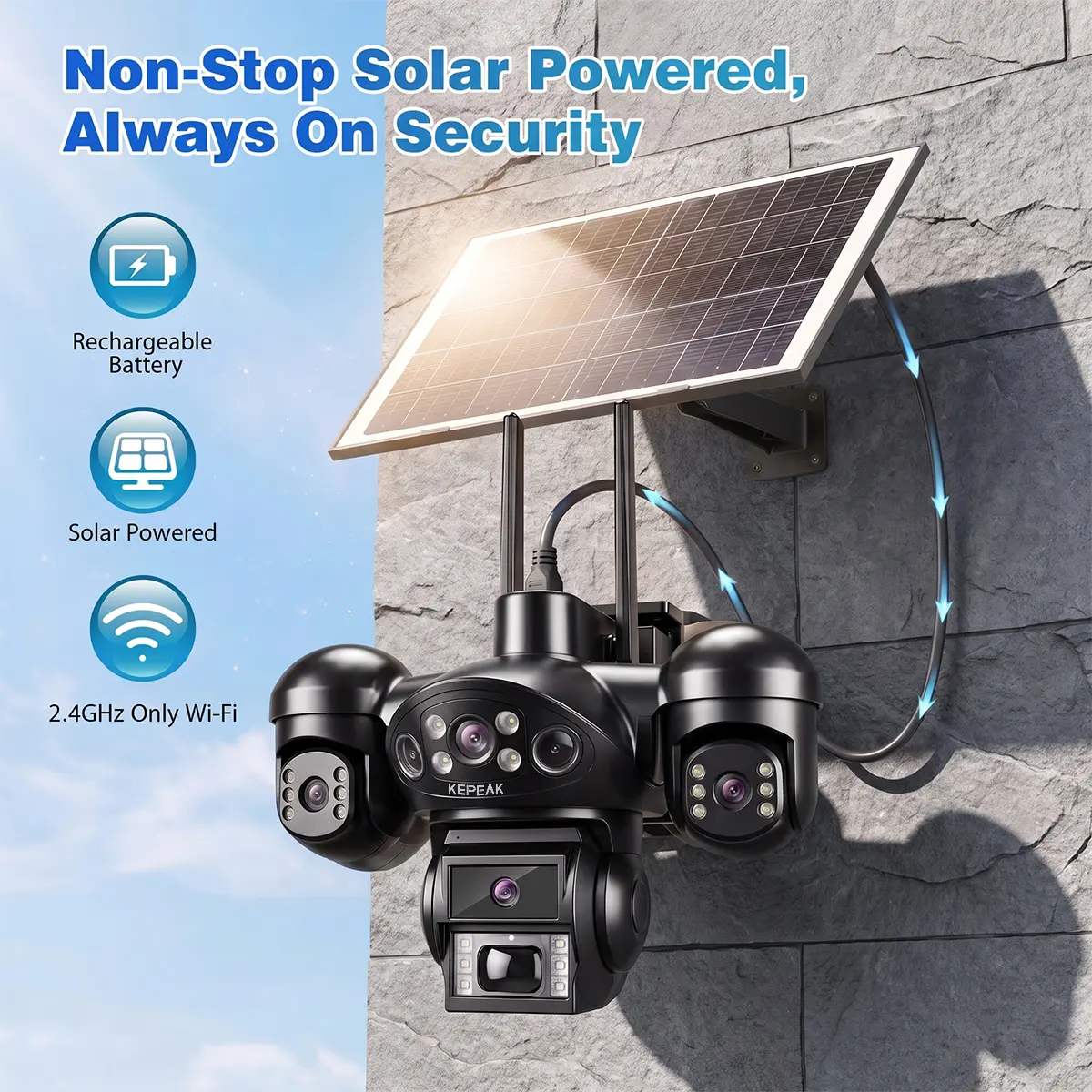 Solar Powered Security Camera with Rechargeable Battery 2.4GHz Only Wi-Fi Non-Stop Always On Surveillance System