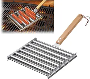 Stainless Steel Hot Dog Roller with Extended Wooden Handle, BBQ Sausage Grill for Uniform Cooking, Holds 5 Hot Dogs