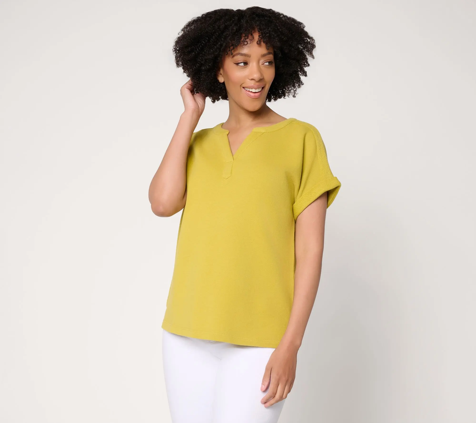 Denim & Co. Beach High Tide Terry Dolman Sleeve Split Neck Top
