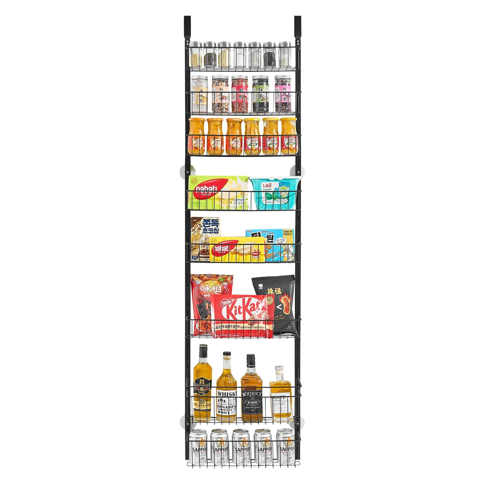 VEVOR Over-the-Door 8-Tier Heavy-Duty Steel Frame Pantry Organizer, Expandable Hanging Spice Rack with Adjustable Wall Shelves, Adhesive & Screw Mount Storage Basket for Home Kitchen, Cabinet, Renter/Apartment Room, Black, Renters/Apartments