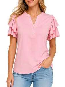 Women's V-Neck Buttoned Ruffle Short Sleeve Top, Sweet Casual Loose T-Shirt, Perfect for Daily Wear and Dates, Womenswear