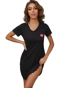 Black Lace Nightdress Women's Comfortable V-neck Short Sleeve Pajamas Set with Heart Design, Side Split Nightwear Basic Pajama Style Spandex Chic Breathable  Loungewear Soft Womenswear Feminine Sexy Vneck Shortsleeve Homewear Elegance Fabric Minimalist