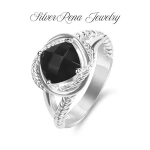 S925 Mother's Day Synthetic Obsidian Ring with Rope Design, Elegant Black Onyx Ring Jewelry for Women, Luxurious and Romantic Ring Perfect for Daily Wear and Birthday Party, Christmas Gift, with Gift Box