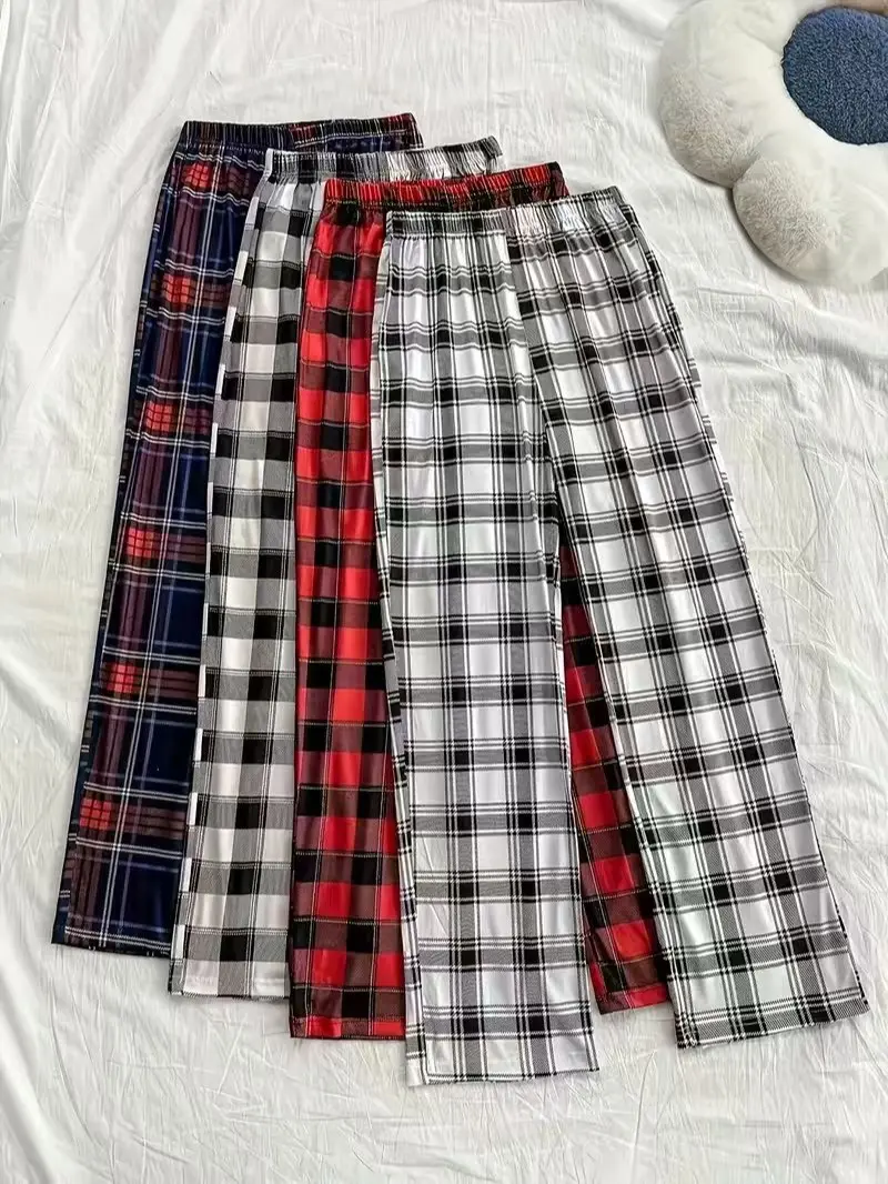 4Pcs Men Plaid No Pockets Pajama Pants Soft Daily Loungewear
