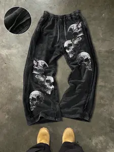 Men's Casual Loose Cotton Sports Pants, Skull Print, Street Style, Drawstring Waist, Ankle Length, Perfect for Outdoor, Parties, Holidays, Gothic Sweatpants