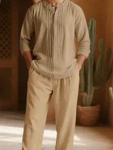 Men's Linen Fabric Breathable Two-Piece Set, Round Neck Half-Zip Fitted Long Sleeve Shirt & Loose Straight-Leg Pants, Casual Spring Fall, Clothes