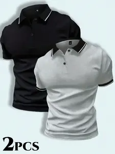 Men's Two-Piece Premium Polo Shirt - Button Collar, Slightly Stretchable Fabric, Suitable for Summer Workwear Formal Shirt - Short Sleeve Dalesan Earth Yellow Knit Men's Tropical Stretch Polyester Single Layer Flat Item. Shortsleeve Top Mixed Color Menswe