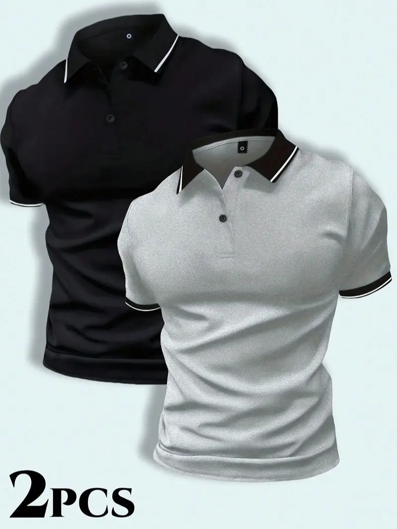 Men's 2-Piece Premium Classic Casual Button Collar Polo Shirt - Stretch Polyester Knit, Button Details, Short-Sleeve, Dalesan Earth Yellow, Single Layer Flat, Suitable for Summer Formal Workwear