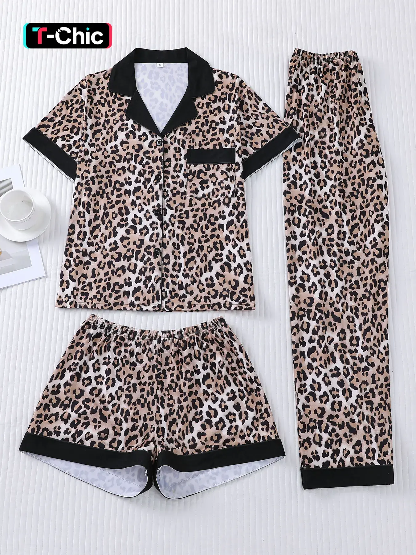 3-piece personalized contrasting leopard print short sleeved shorts, long pants, Halloween soft and comfortable top, small pocket button top, elastic waistband suitable for all seasons home casual clothing Loungewear