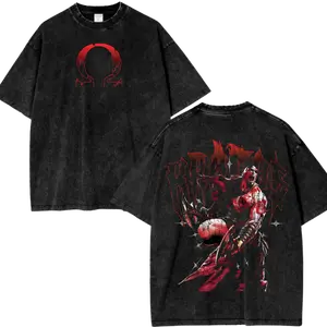 God of War Kratos Unisex Fit Hoodie T-Shirt, Retro Vintage Oversized Anime Graphic Tee, Trendy Y2K Acid Washed Double Printed Cotton T-Shirt, Streetwear Casual Apparel Top, Gamer Outfit for Men Women, Game Movie Lover Gift- Nice