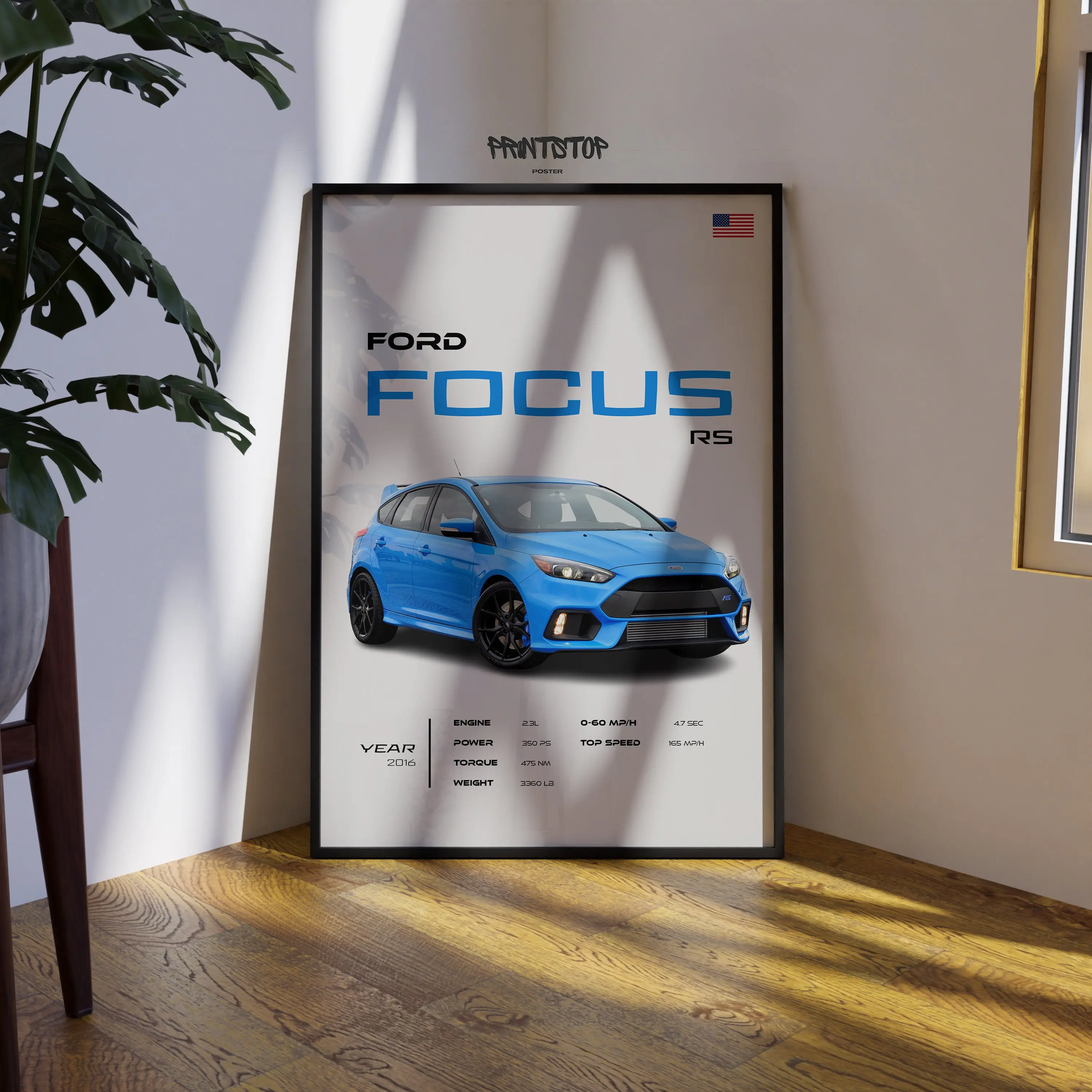 Ford Focus RS Poster: Blue Hatchback Car Art