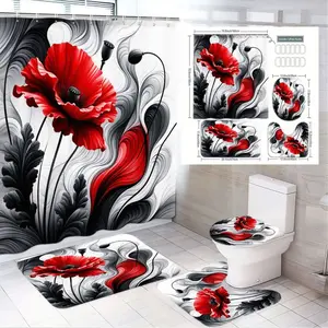 1/4pcs Vivid Red Poppy Flowers Floral Bathroom Decor Set - Modern Shower Curtain Sets with Abstract Black and White Swirls, Stylish Bath Mat, Contour Toilet Lid Cover, and U-Shaped Floor Mat - Perfect for Spring Refresh and Contemporary Home Aesthetics