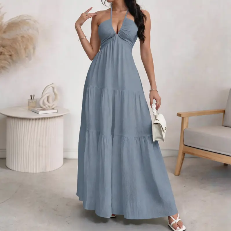 Women's Sleeveless Halter A-Line Minimalist Summer Maxi Dress - Casual Sports & Outdoor Beach Vacation Flowy Elegant TikTok Viral Dress, Casual Dresses