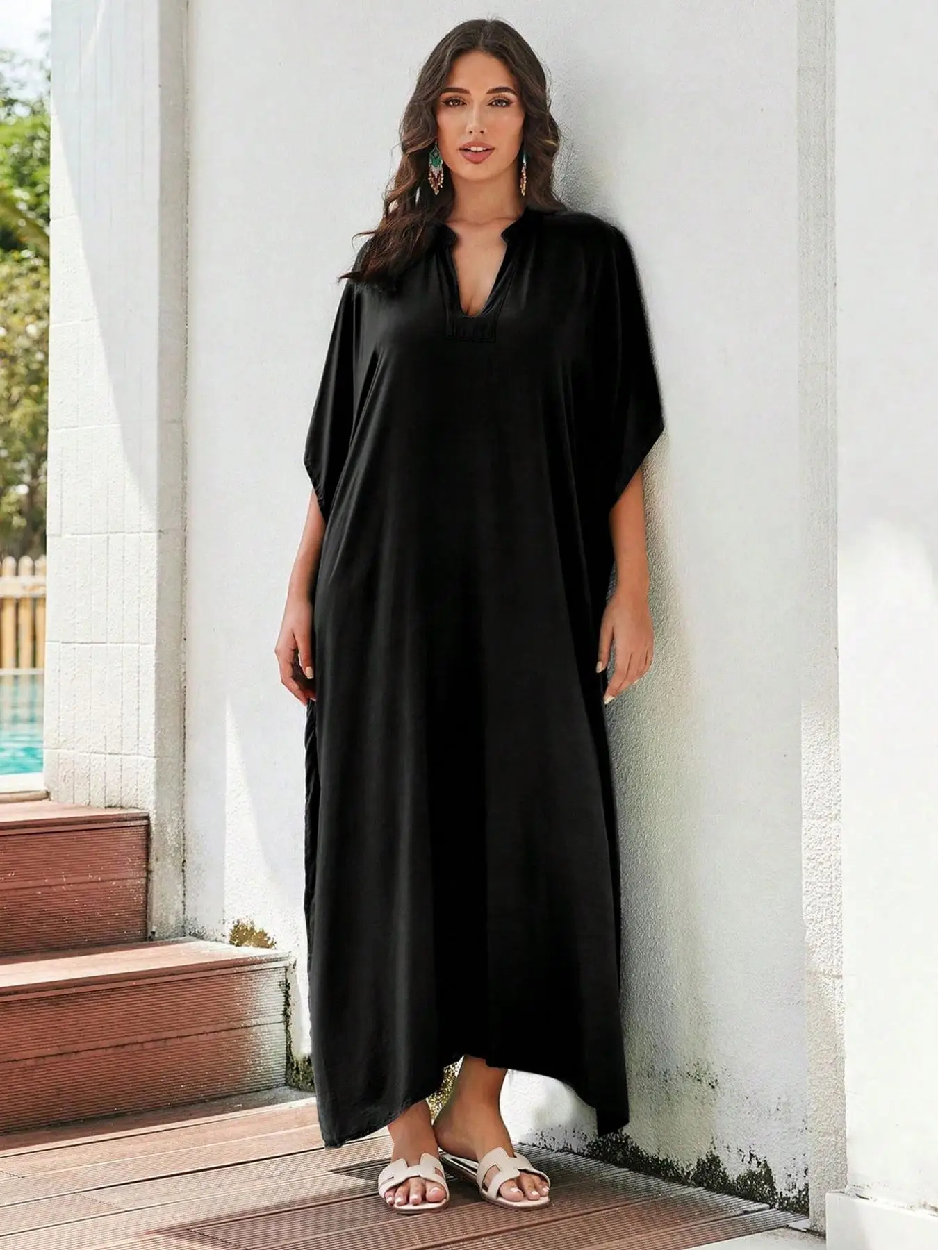 Arabic Clothing-Solid Notched Neck Batwing Sleeve Kaftan, Casual Half Sleeve Long Dress for Daily Outdoor Wear, Islamic Summer Clothes Women