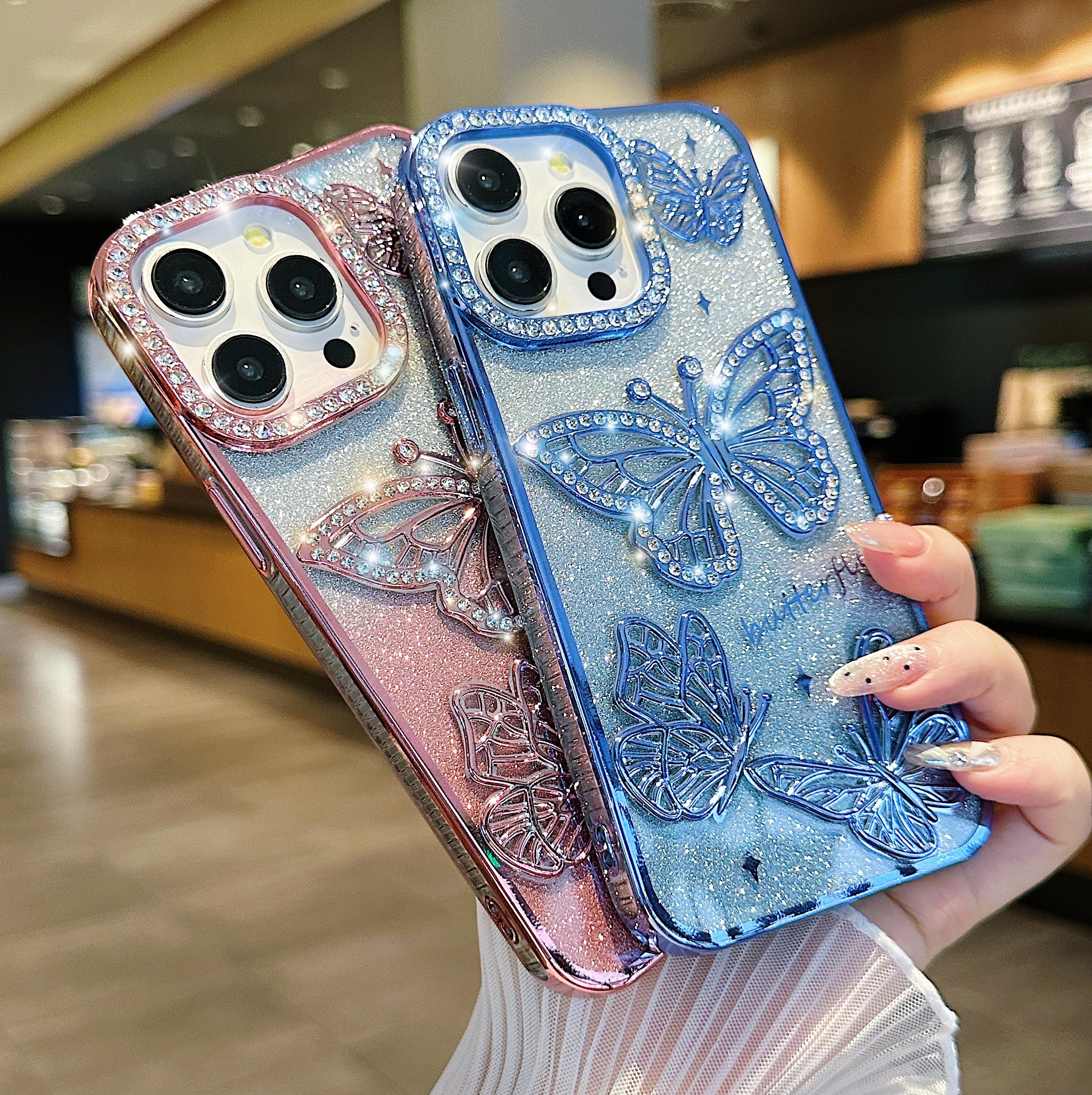 3D Inlaid Rhinestone Butterfly Phone Case – Compatible with iPhone 17/16/15/14/13/12 | Gradient Glitter Electroplated Finish, Transparent Full-Cover Soft Silicone, 3D Inlaid Rhinestone Protective Case