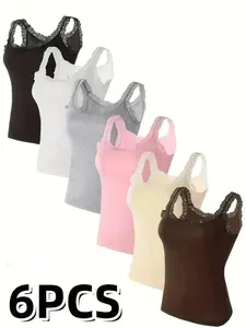 6pcs Women'S Lace Tank Tops - Elegant Round Neck, Solid Colors,Comfortable & Versatile for Spring/Summer/Fall,No Padding, Fashionable Lingerie|Elegant Lingerie|Breathable Fabric Casual Vests women