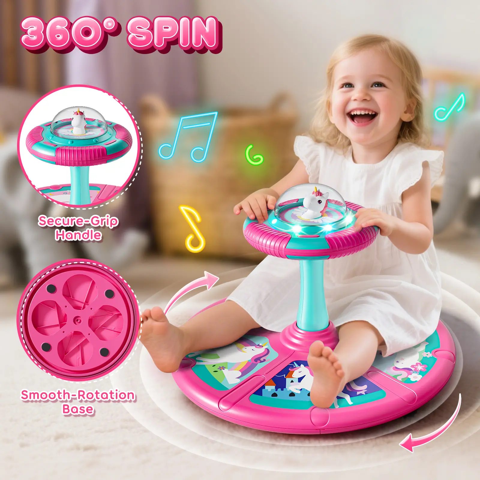 360° Sit and Spin Toys,  Training Body Coordination, Autistic Childs Swivel Chair, Children's Stress Reduction Toys, Unicorn Dinosaur Design for Girls Boys, Indoor Activity Spins Toys, Sitting Spinning, Birthday Gift for Kids with LED Lights and Music Mot
