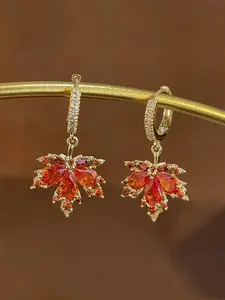 1 Pair Fashionable Artificial Gemstone & Maple Leaf Design Dangle Earrings, Elegant Synthetic Zirconia Hoop Earrings for Women, Fashion Accessories for Parties, Daily Clothing Decor, High Quality Earrings
