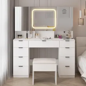 Large Vanity Table Set with LED Lighted Mirror, Vanity Desk with Charging Station, Makeup Table with Glass Doors, Drawers and Storage Shelves, Cushioned Stool for Bedroom