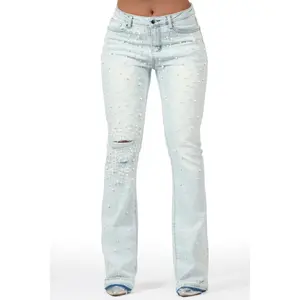 Katrell Light Wash Pearl Stacked Flare Jean
