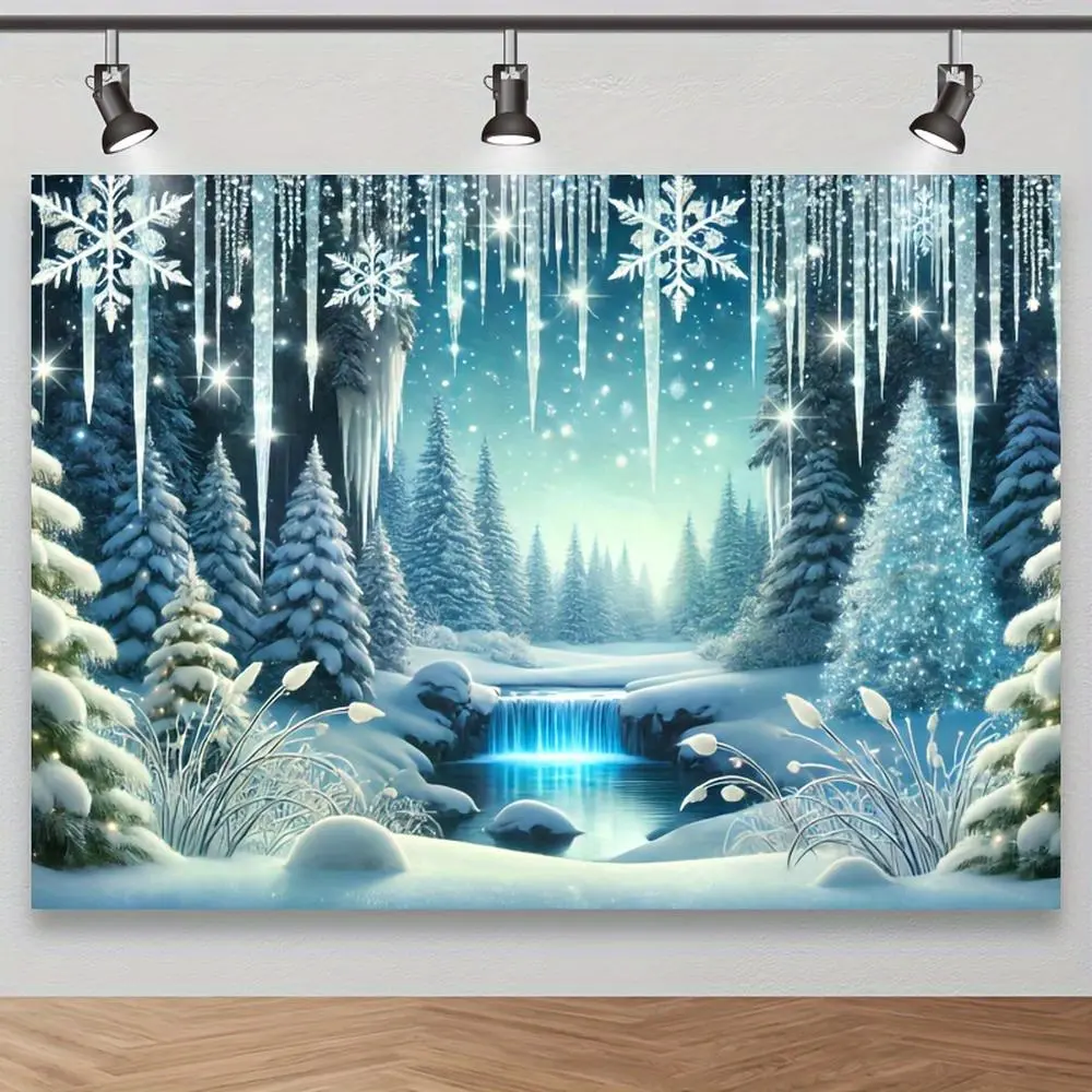 1pc Polyester Winter Wonderland Photography Backdrop Banner - Serene Snowy Forest, Ice Stalactites, Frozen River, Glittering Snowflakes - Ideal for Christmas, Birthday Photo Shoots, Birthday Ideas