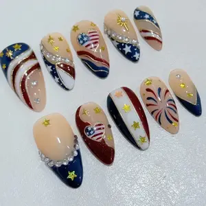 Handmade 4th of July Flag Press On Nails - Red White and Blue Rhinestone Fake Nails | Patriotic Star and Stripe USA 250th Anniversary A250