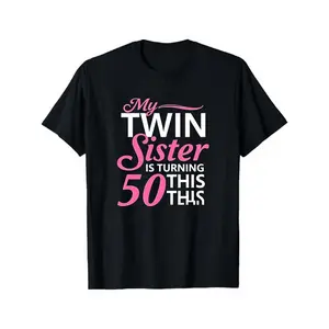 Women'S Funny Twin Sister Turning 50 Birthday T-Shirt - Black with Pink Lettering & Number 50 Design - Soft Stretchy Fabric Casual Round Neck Short Sleeve Tee for, Humorous Design, Comfortable Fit, Graphic Print, Fashionconscious Women