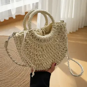 Mini Semi-circle Rattan Straw Bag, Hand-woven Women Retro Beach Tote Shoulder Bag Crossbody Travel Beach Bag