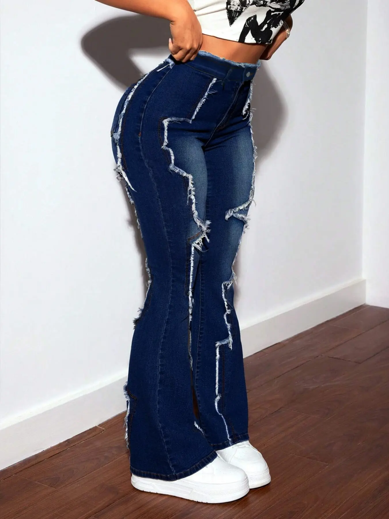 Women's Plus Size Denim Jeans, High Waist Loose Retro Vintage Deep Blue Dark Wash Frayed Edge Patchwork, Micro Flare Long Pants, Fashionable Streetwear, Slimming and Tummy Control